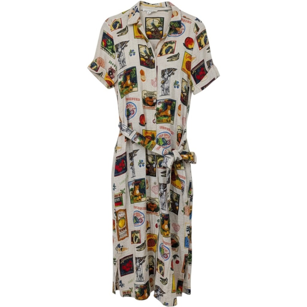 Jane + Delancey Linen Blend Shirt Dress Womens Medium Cream Fruit Rayon Midi
